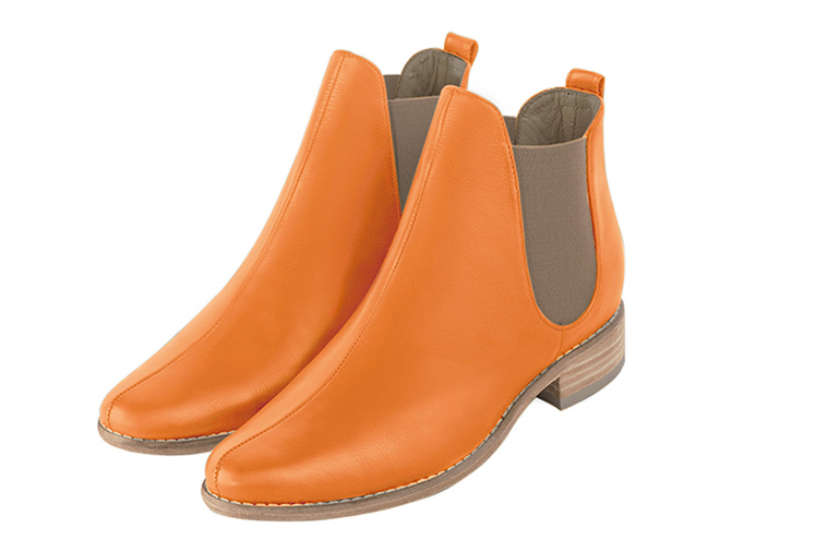 Apricot orange and taupe brown women's ankle boots, with elastics. Round toe. Flat leather soles. Front view - Florence KOOIJMAN